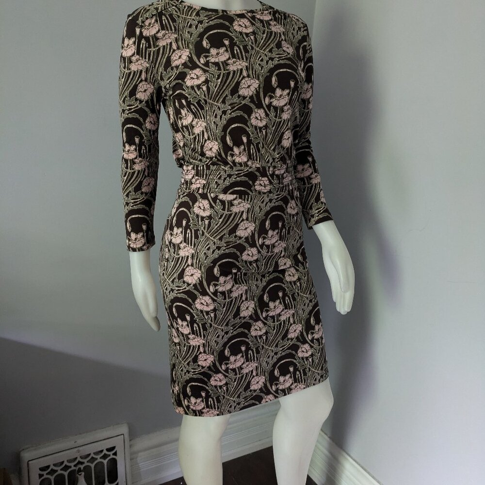 Tory Burch Black Long Sleeve Floral Sheath Dress with Pink and Cream Print